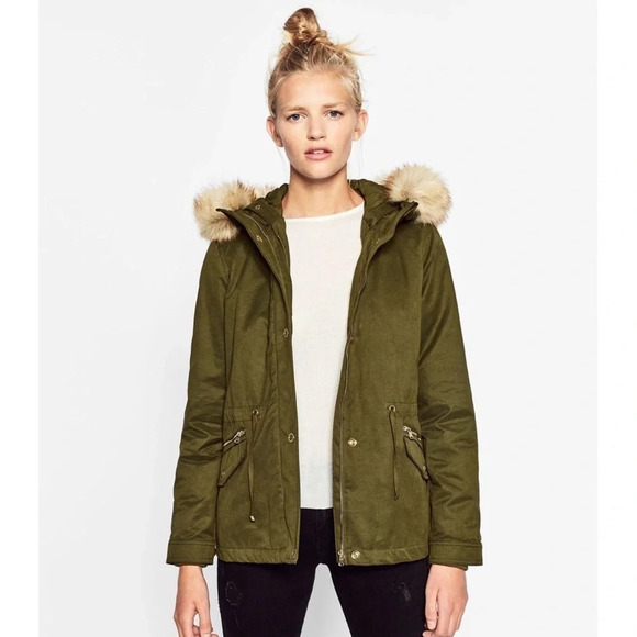 Zara Faux Fur Short Parka Jacket Green - Picture 1 of 6